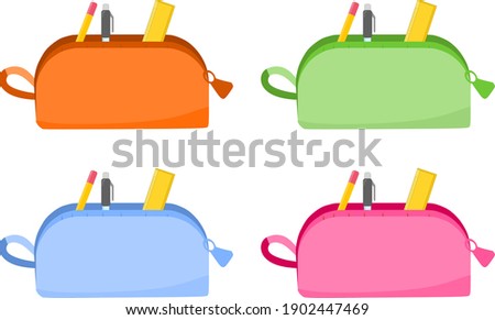 Vector illustration set of a pencil box filled with school supplies