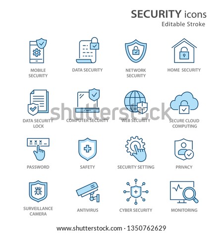 Security flat line icons. Set of privacy, protection, defense and more. Editable Stroke. Change to any size and any colour.