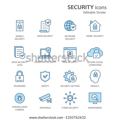 Security flat line icons. Set of privacy, protection, defense and more. Editable Stroke. Change to any size and any colour.