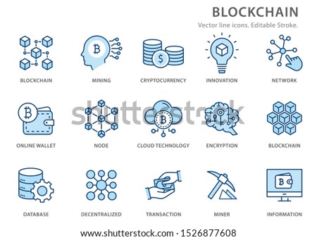 Set of blockchain technology icons, such as cryptocurrency, mining, bitcoin. Editable Stroke.