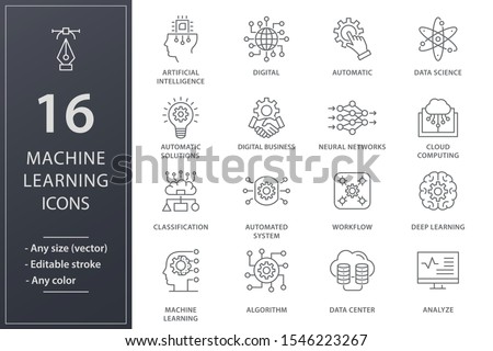 Machine learning line icons. Set of artificial intelligence, digital business, automated system and more. Editable stroke.