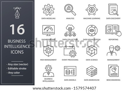 Set of business Intelligence icons, such as machine learning, data modeling, visualization, risk management and more. Editable stroke.