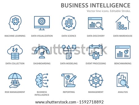 Set of business Intelligence icons, such as machine learning, data modeling, visualization, risk management and more. Editable stroke.