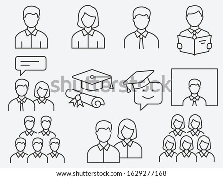 Set of student icons, such as education, group, webinar, academic and more. Editable stroke.
