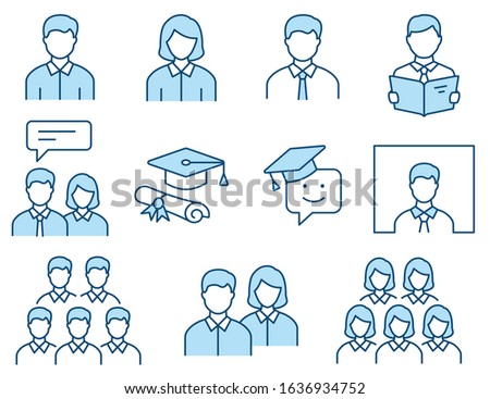 Students icons, such as teacher, academic, graduation cap, group and more. Vector illustration isolated on white. Editable stroke.