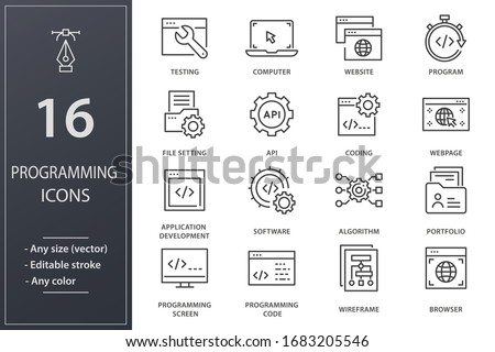 Programming line icons. Set of software, coding, website, API and more. Editable stroke.