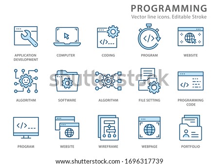 Programming icons, such as develop, software, coding, algorithm and more. Vector illustration isolated on white. Editable stroke.