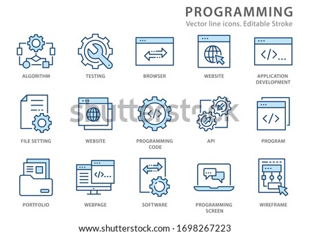 Programming icons, such as develop, software, coding, algorithm and more. Vector illustration isolated on white. Editable stroke.