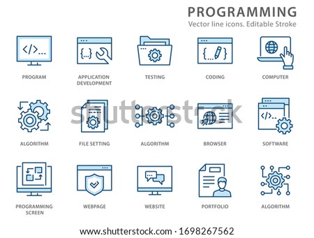 Programming icons, such as develop, software, coding, algorithm and more. Vector illustration isolated on white. Editable stroke.