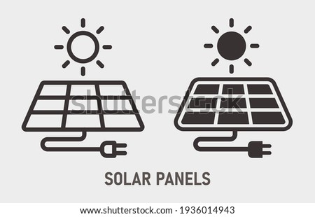 Sun and solar panel icon. Vector illustration isolated on white.