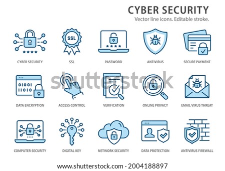 Cyber security icons, such as password, digital key, verification and more. Change to any size and any colour.