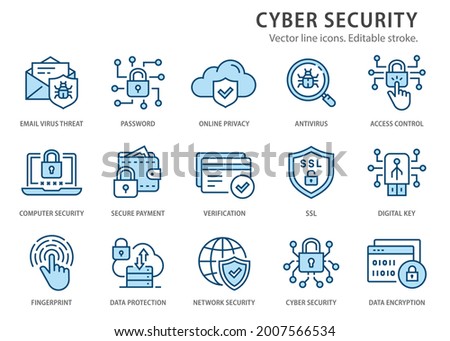 Cyber security icons, such as secure payment, digital key, verification and more. Change to any size and any colour.
