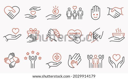 Charity line icon set. Collection of handshake, donate, foundation, help, and more. Editable stroke.