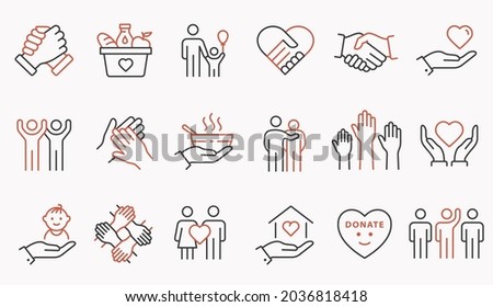 Charity line icon set. Collection of handshake, donate, heart, help, and more. Editable stroke.