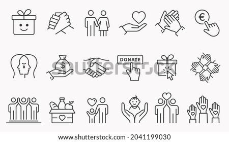 Charity line icon set. Collection of handshake, donate, hand, help and more. Editable stroke.