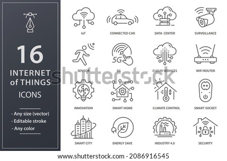 Internet of things icons, such as smart city, sensor, climat control, IoT and more. Editable stroke.