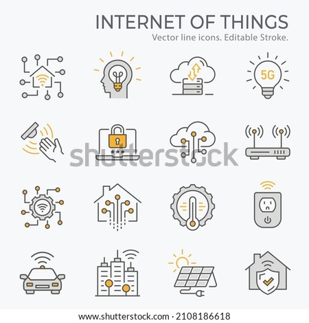 Internet of things icons, such as artificial intelligence, sensor, energy, tech, and more. Vector illustration isolated on white. Editable stroke. Change to any size and any color.