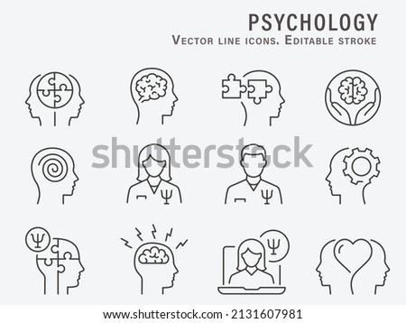 Psychology icon set. Collection of doctor, depression, mind, anxiety and more. Vector illustration. Editable Stroke. Foto d'archivio © 
