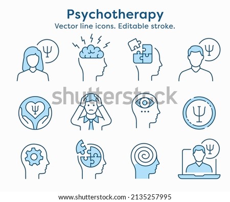 Psychology icon set. Collection of conflict, brain, emotion, profile and more. Vector illustration. Editable Stroke. Foto d'archivio © 