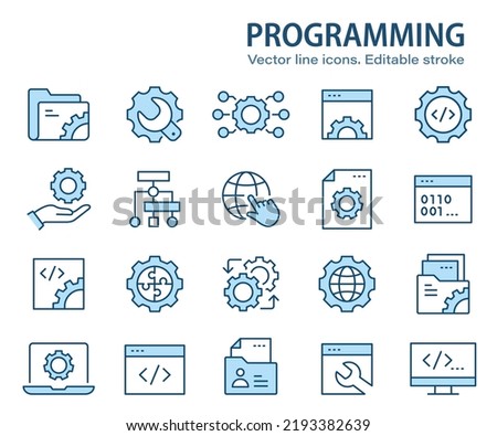 Programming line icons. Set of software, code, dev, algorithm and more. Editable stroke.