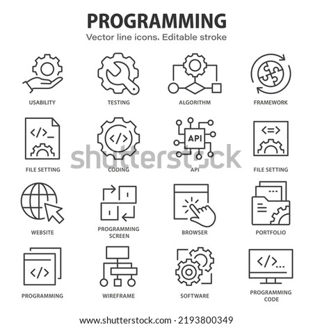 Programming line icons. Set of software, code, web, develop and more. Editable stroke.