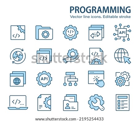 Programming line icons. Set of software, coding, dev, develop and more. Editable stroke.