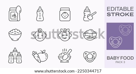 Baby food icons, such as bottle, jar, powder, cereal and more. Editable stroke.