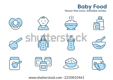 Baby food outline icons, such as nutrition, jar, powder, porridge and more. Editable stroke.