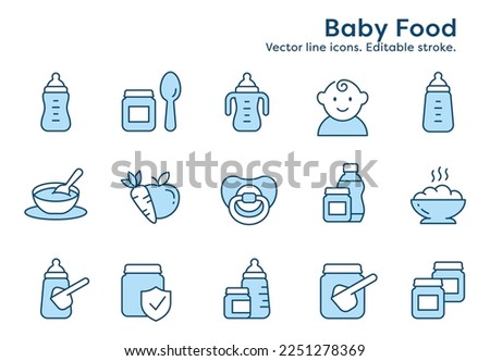 Baby food outline icons, such as milk, jar, powder, porridge and more. Editable stroke.