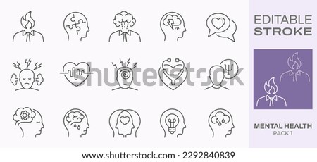 Mental health icons, such as charity, anxiety, stress, panic attack and more. Editable stroke.