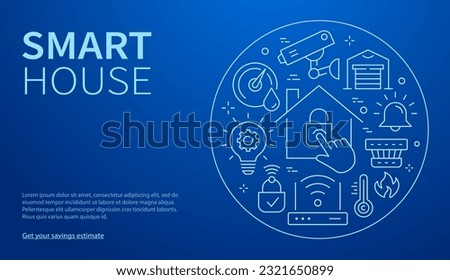 Smart home circle template flat line icons. Set of wireless, surveillance, wifi, router and more.