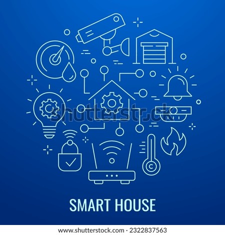 Smart home banner template with line icons. Set of wireless, surveillance, network, router and and others.