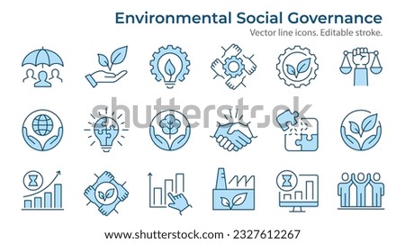ESG flat icons, such as ecology, environment social governance, risk management, sustainable developmen and more. Editable stroke.