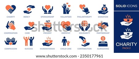 Charity icon set. Collection of donate, heart, unity, community, and more. Vector illustration. Easily changes to any color.