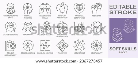 Soft skills icons, such as leadership, teamwork, problem solving, empathy and more. Editable stroke.