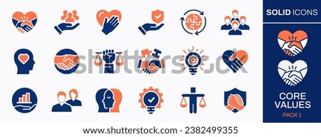 Core values icon set. Collection of business, social responsibility, mission, integrity and more. Vector illustration. Easily changes to any color.