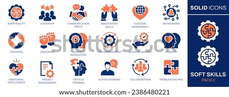 Soft skills icon set. Collection of adaptability, communication, problem solving, time management and more. Vector illustration. Easily changes to any color.