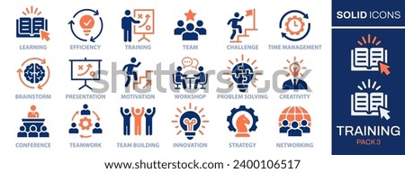 Training icon set. Collection of workshop, teamwork, presentation, conference, seminar and more. Vector illustration. Easily changes to any color.