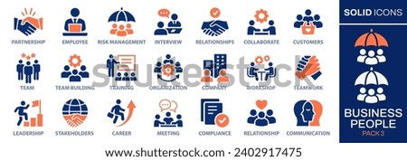 Business people icon set. Collection of team, leadership, workshop, employee, career and more. Vector illustration. Easily changes to any color.