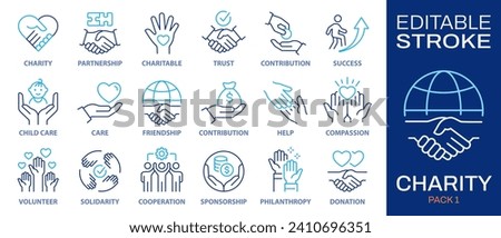 Charity icons, such as handshake, heart, donate, trust, volunteer and more. Vector illustration isolated on white. Editable stroke.