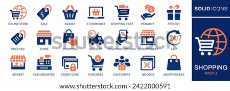 Set of icons related to shopping, e-commerce, gifts, supermarket, sale. Collection of solid icons. Vector illustrations that can easily be adjusted to any color.