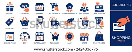 Shopping icon set. Collection of price tag, credit card, supermarket and more. Vector illustration. Easily changes to any color.