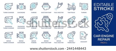 Car engine repair icons, such as turbo charger diagnostics, fuel injector, turbine, spark plug and more. Vector illustration isolated on white. Editable stroke.