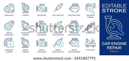 Car engine repair icons, such as turbo charger diagnostics, fuel injector, turbine, timing belt and more. Vector illustration isolated on white. Editable stroke.