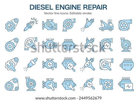 Diesel engine repair icons, such as turbocharger, fuel injector, turbine, spark plug and more. Vector illustration isolated on white. Editable stroke.