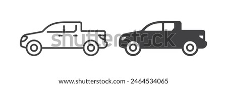 Pickup truck icons in line and solid styles, flat vector pictograms. Black and white designs perfect for depicting rugged utility and cargo transport.