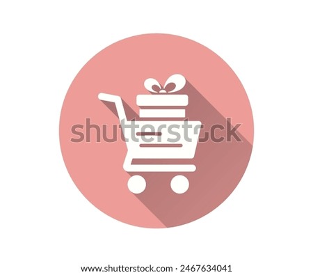 Gift shopping icon, vector flat design with long shadow. Showcases a cart filled with gift boxes, set inside a pink circle.