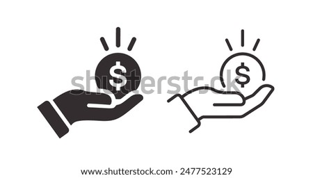 Icon of a hand holding a glowing dollar symbol, symbolizing financial insight and valuable investments. Vector illustration.