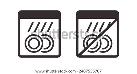 Icons indicating items that can and cannot be washed in a dishwasher, useful for labeling dishes. Vector illustration.