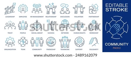 Community icon set. Collection of people, handshake, team, partnership and more. Vector illustration. Editable stroke.